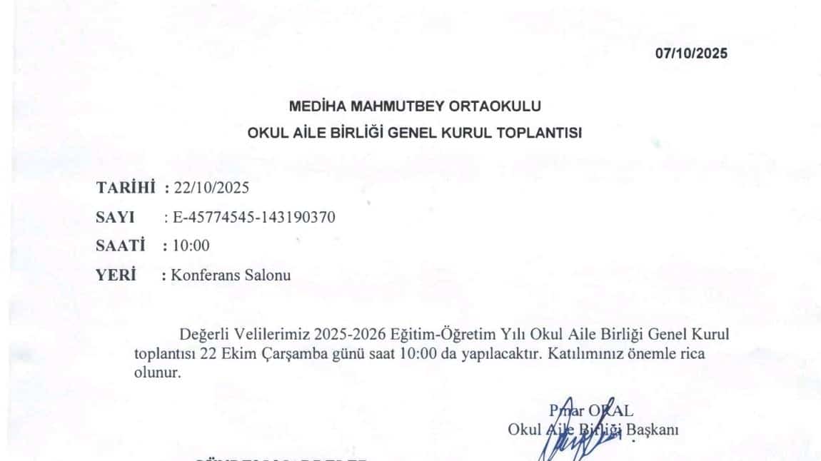 2025-2026 Eğitim Öğretim Yılı Okul Aile Birliği Genel Kurul Toplantısı